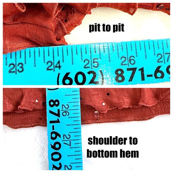 Slinky Brand Womens Top 1X Y2K Burnt Orange Sheer Mesh Sequins Ruffles Layers - Picture 7 of 7